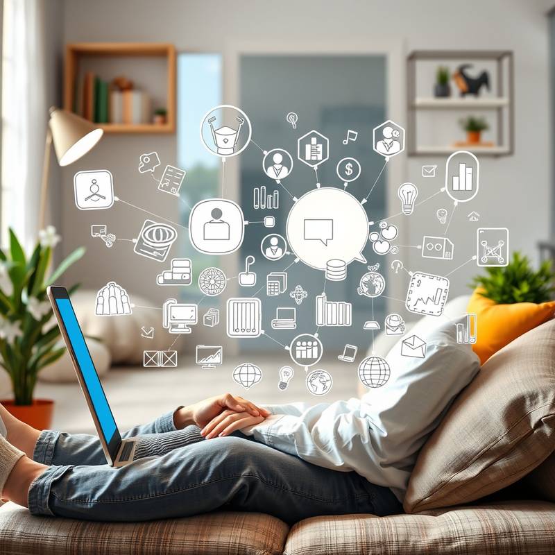 A person learning online from home, with various benefits such as flexibility, accessibility, and affordability visually represented around them.