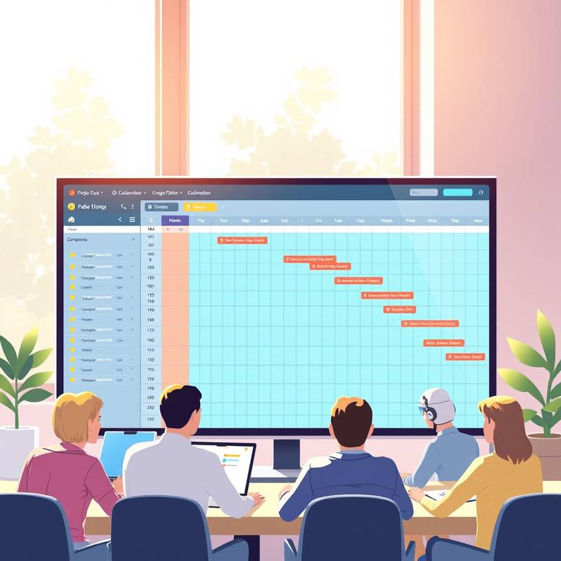 An illustration of project management tools and techniques, showing Gantt charts and team collaboration.