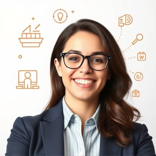An individual confidently transitioning between two career paths, symbolized by different professional tools and icons representing upskilling and career growth.