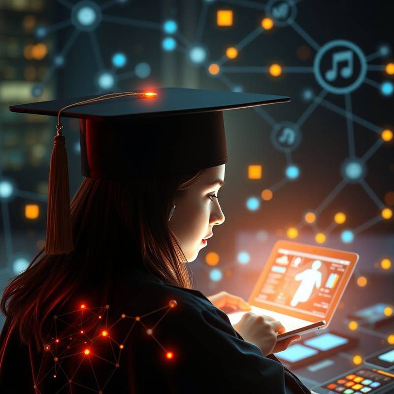 Illustration depicting the future of learning with interconnected digital devices and a glowing graduation cap, symbolizing technological advancement in education.